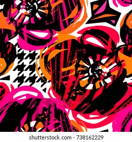 Seamless abstract  wild exotic floral ink hand drawn pattern. Trendy repeating watercolor blotted background texture.