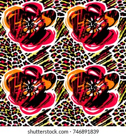 Seamless abstract wild exotic tropical world print.Leopard, tiger, flowers striped pattern. Hand drawn trendy repeating watercolor blotted background texture.
