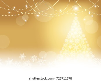 Seamless abstract winter gold background with Christmas tree and snowflakes, vector illustration.