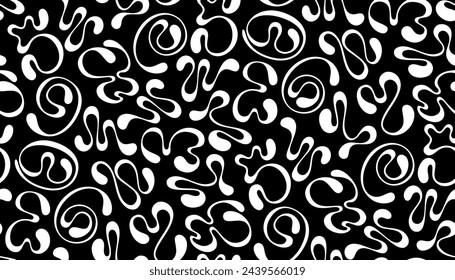 Seamless abstract Y2K-inspired pattern with white fluid numbers in a twisting shape and droplet ends on a black background, ideal for modern retro fashion and design