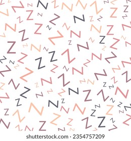 Seamless abstract Z letter vector geometric pattern. Colorful letters on white background. Random order. Gift wrapping paper, fabric, poster. Bed linen and interior. School and learning theme.