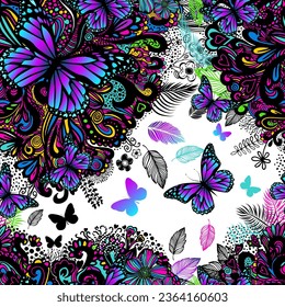 Seamless abstraction with flowers and butterflies. Vector illustration