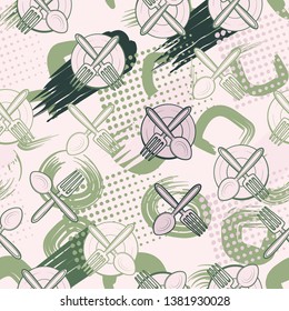 Seamless abstraction of hand-drawn painted kitchen utensils with a colorful background. Editable.