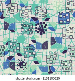 Seamless abstraction on the background of a grid of squares drawn with oblique lines.
