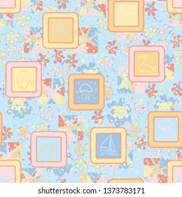 Seamless abstraction of painted marine objects in a hand-drawn frame with a colorful background.