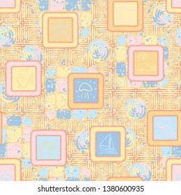 Seamless abstraction of painted marine objects in a hand-drawn frame with a colorful background.
