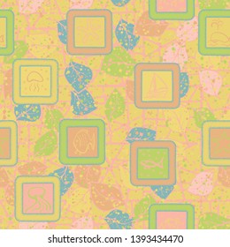 Seamless abstraction of painted marine objects in a hand-drawn frame with a colorful background.