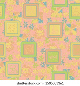 Seamless abstraction of painted marine objects in a hand-drawn frame with a colorful background.