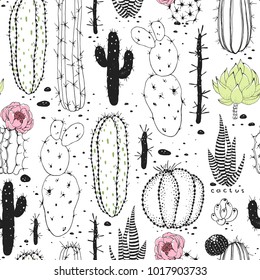 Seamless abstraction pattern of cactuses. Vector doodle illustration black, green and pink colors on white background.