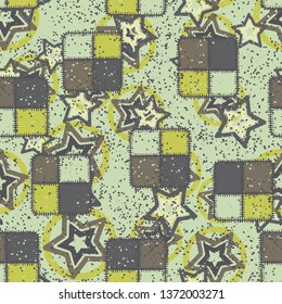 Seamless abstraction of square checkered patches hand-drawn, with a colorful background.