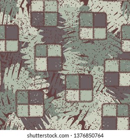 Seamless abstraction of square checkered patches hand-drawn, with a colorful background.