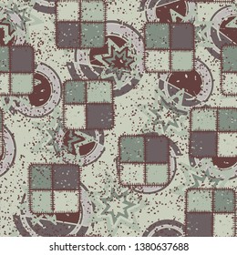 Seamless abstraction of square checkered patches hand-drawn, with a colorful background.
