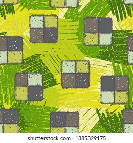Seamless abstraction of square checkered patches hand-drawn, with a colorful background.