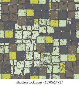 Seamless abstraction of square checkered patches hand-drawn, with a colorful background.