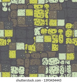 Seamless abstraction of square checkered patches hand-drawn, with a colorful background.