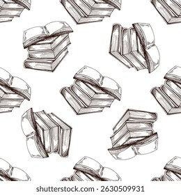 Seamless academic pattern with vintage books and open pages in hand drawn brown sketch style. Great for education, wallpaper, stationery, digital paper and retro school design.