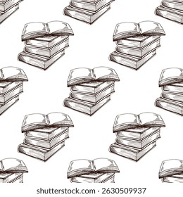 Seamless academic pattern with vintage books and open pages in hand drawn brown sketch style. Great for education, wallpaper, stationery, digital paper and retro school design.