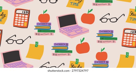 Seamless academic study pattern with books, calculator, sticky notes, computer, glasses, and apple on a light background, educational repeat design for students, classrooms, high school, college, study spaces, fabric, wallpaper, and learning themed projects