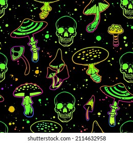 Seamless acid bright pattern of poisonous mushrooms and skulls