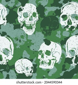 Seamless acid green grunge vector camouflage pattern with human skulls incorporated