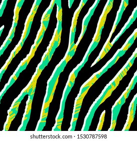 Seamless acid green and yellow zebra tropical pattern 80s 90s style.Fashionable exotic animal print for clothing,textile,decoration.Vector