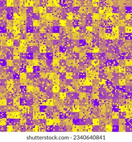 Seamless acid purple and poison yellow urban masking camouflage pattern. Colorful pixel blots background. Abstract acidfashionable camo. Ultra violet tones.
