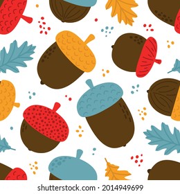 Seamless Acorn Pattern. Hello Autumn. Fall. Isolated On White.