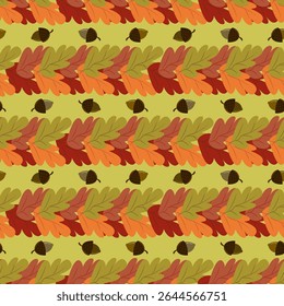 Padrão de bolota sem costura com listras horizontais de folhas de carvalho de outono com um tom quente e natural. Ideal para designs com tema de outono, tecidos, papel de embalagem e artesanato sazonal.