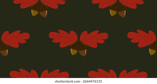 Seamless acorn pattern with stylized red oak leaves on a solid dark green background. Ideal for autumn home textiles and seasonal wrapping paper.