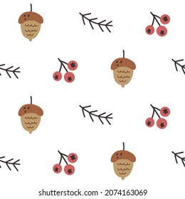 Seamless acorn rowan pattern. Boho cozy scandinavian vector Digital paper for nursery wallpaper, baby textile fabric in flat hand drawn style