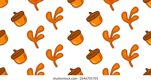 Seamless Acorn Twig Pattern Design. Acorns and orange twigs in a seamless cartoon flat style. Warm autumn colors, isolated on white background.