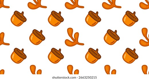 Nahtloses Muster für Acorn Twig. Nahtloses Herbstmuster mit Cartoon-Eicheln und abstrakten Zweigen. Einfache Herbstgrafik auf weißem Hintergrund.