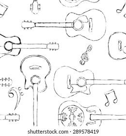 Seamless acoustic guitar and bass guitar sketch pattern 