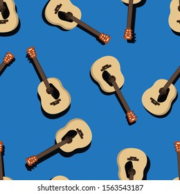 Seamless acoustic guitar pattern on a blue background vector