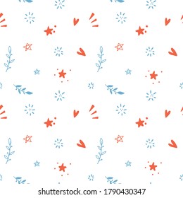 Seamless additional pattern for movie theme in vector design in trend colours with stars, leaves, hearts. Cartoon doodle flat Vector Illustration