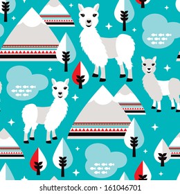 Seamless adorable aztec lama living in a winter wonderland background pattern in vector