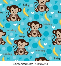 seamless adorable baby monkey and banana pattern vector 