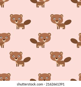 Seamless adorable beaver cartoon pattern