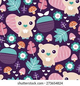 Seamless adorable beaver fruit and blossom woodland illustration kids colorful background pattern in vector