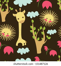 Seamless adorable cute pattern with giraffe, sun, tree and flowers on brown background