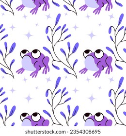 Seamless adorable frog on a background of stars forest theme forest animals illustration background image in vector