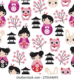 Seamless adorable japanese geisha girls temple cats and cherry blossom illustration background pattern in vector