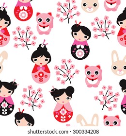 Seamless adorable japanese geisha girls temple cats and cherry blossom illustration background pattern in vector