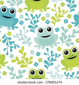 Seamless adorable kids frog woodland theme forest animals illustration background pattern in vector