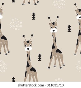 Seamless adorable kids giraffe illustration hand drawn safari theme geometric background pattern in vector