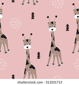 Seamless adorable kids giraffe illustration hand drawn safari theme geometric background pattern in vector