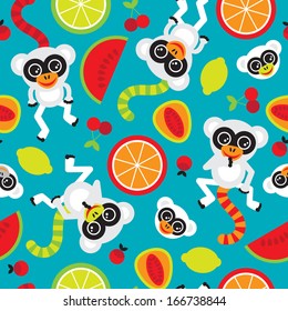 Seamless adorable kids monkey and fruit illustration background pattern in vector 