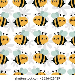 Seamless adorable pattern with bees and flowers shadows on background