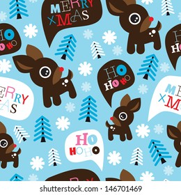 Seamless adorable reindeer and merry christmas typography illustration background pattern in vector