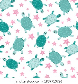 Seamless adorable summer pattern. turtle and starfish Pastel colors.